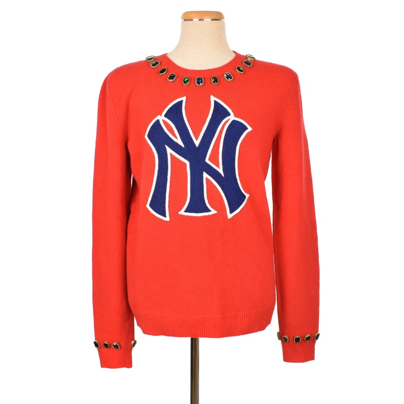 グッチ GUCCI 18AW NYヤンキース ビジュー ニット セーター 長袖 S 赤  