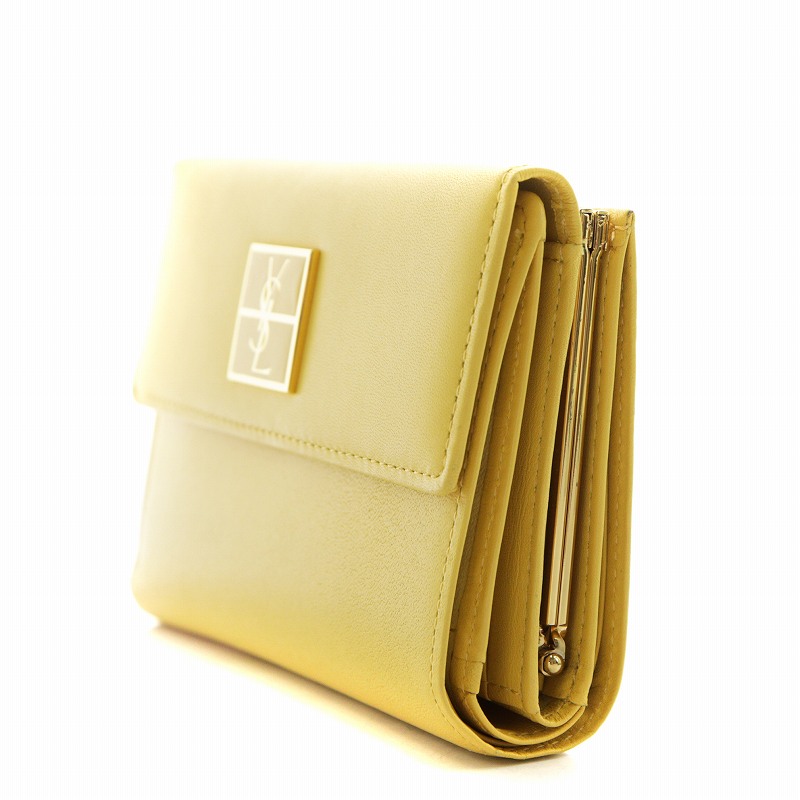 イヴサンローラン 二つ折り財布 カサンドラ YSLロゴ金具 イエロー レザー イヴサンローラン YVES SAINT LAURENT YSL カサンドラロゴ 財布