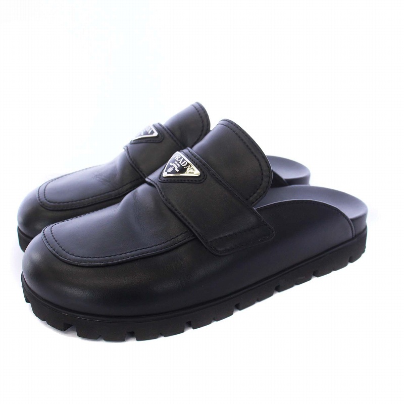 プラダ PRADA Leather sabots サボ サンダル フラット 三角プレート 