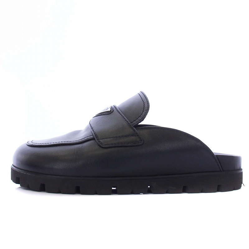 プラダ PRADA Leather sabots サボ サンダル フラット 三角プレート 
