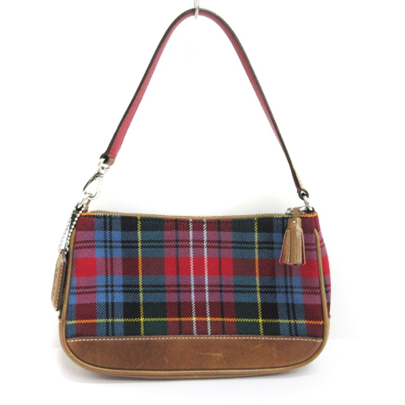 美品 COACH アクセサリーポーチ チェック柄 マルチポーチ ワンショルダー コーチ COACH ポーチ ハンド バッグ ミニ チェック柄 レザー タッセル