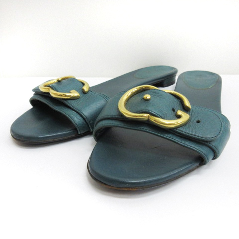 グッチ GUCCI スライド サンダル GG金具 レザー 緑 グリーン系 38 1/2 