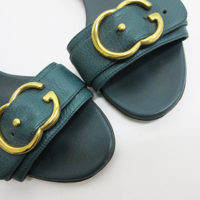 グッチ GUCCI スライド サンダル GG金具 レザー 緑 グリーン系 38 1/2 