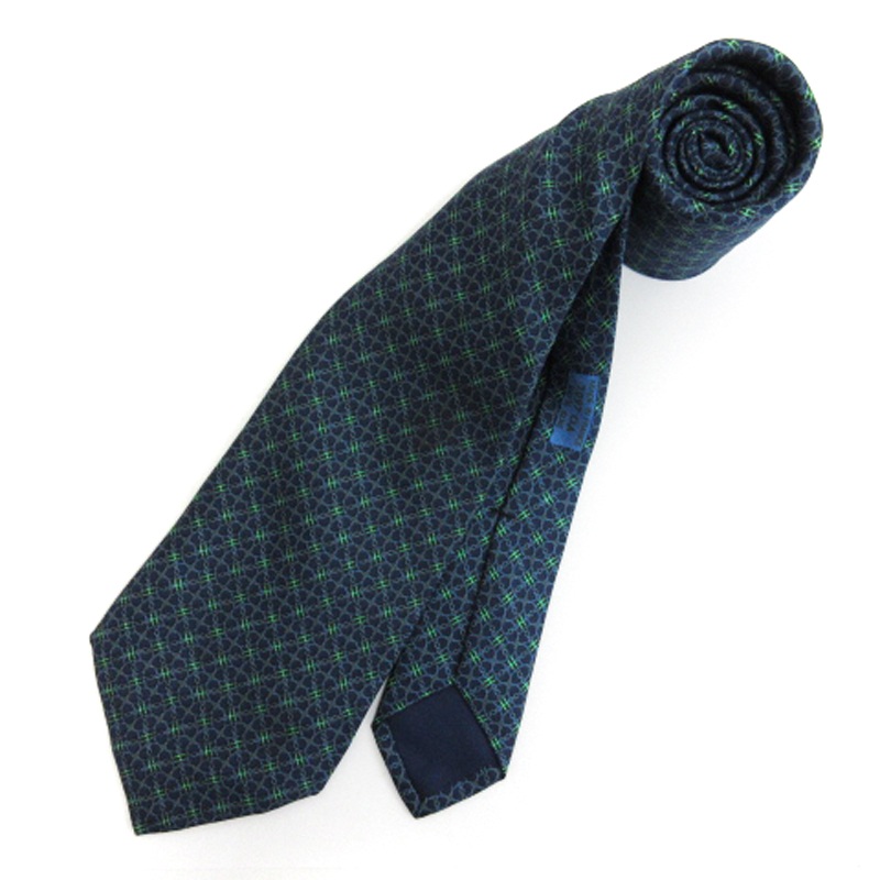 エルメス HERMES シルク ネイビー×グリーン メンズ H柄 美品 ネクタイ