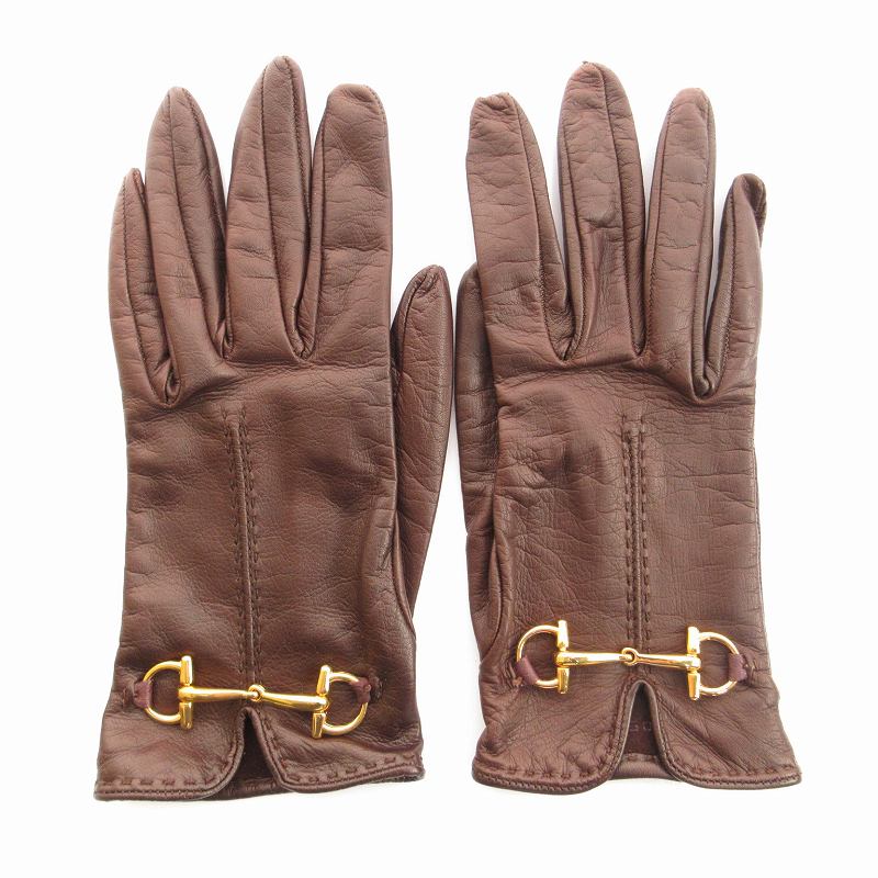 【未使用品】GUCCI レザー手袋 ブラウン　ホースビット　ゴールド金具 グッチ GUCCI 手袋 レザーグローブ 本革 イタリア製 ホースビット