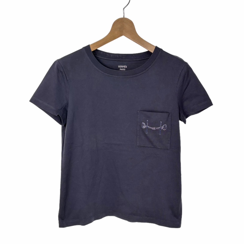 エルメス HERMES 20AW Tシャツ クルーネック ポケット 刺繍 36 紺 