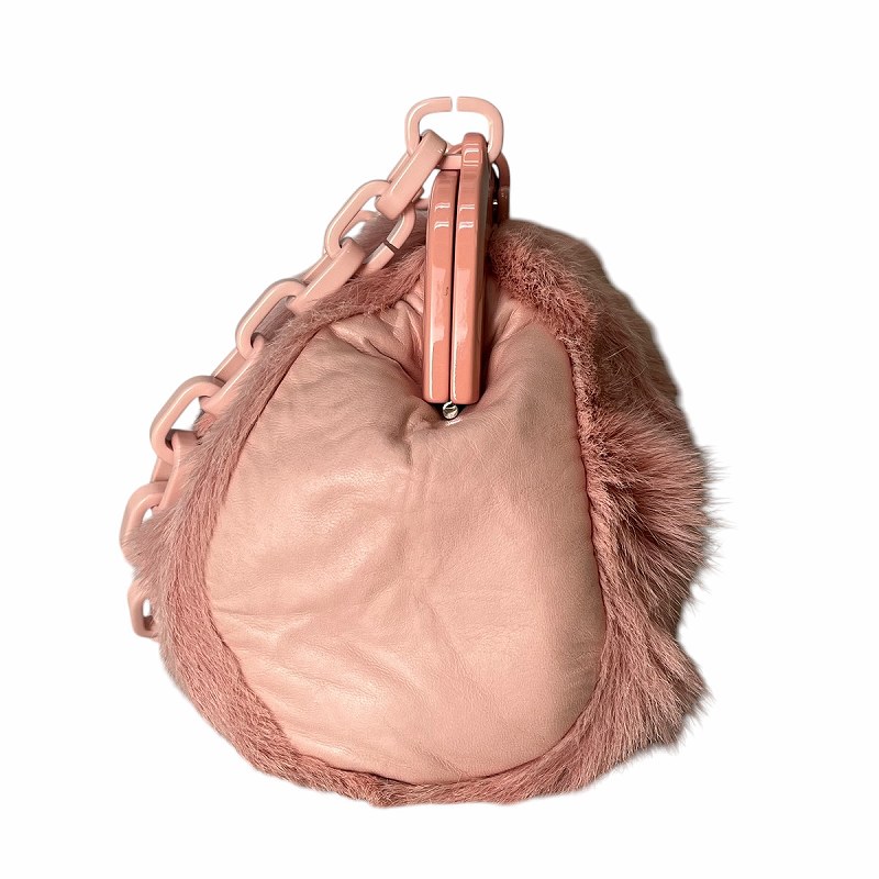 シャネル CHANEL レザー × ファーがま口 チェーン ハンドバッグ ピンク  