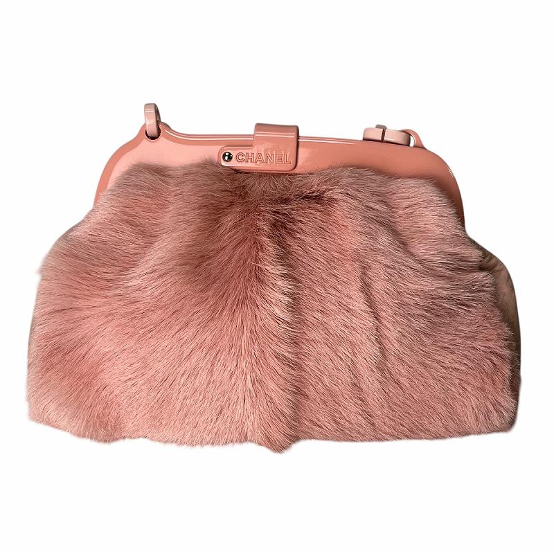 シャネル CHANEL レザー × ファーがま口 チェーン ハンドバッグ ピンク  