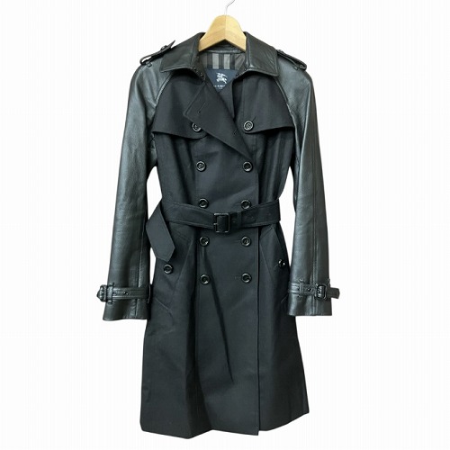 バーバリー ロンドン BURBERRY LONDON トレンチコート ウール 袖レザー切替 シープスキン 黒 ブラック 38 M位 ■GY41  レディース
