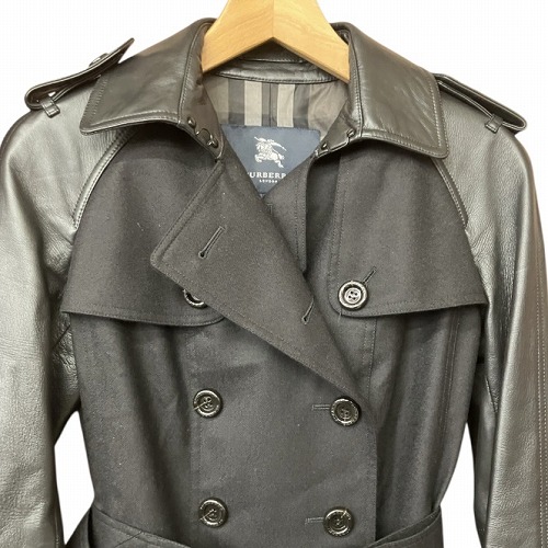 バーバリー ロンドン BURBERRY LONDON トレンチコート ウール 袖レザー切替 シープスキン 黒 ブラック 38 M位 ■GY41  レディース