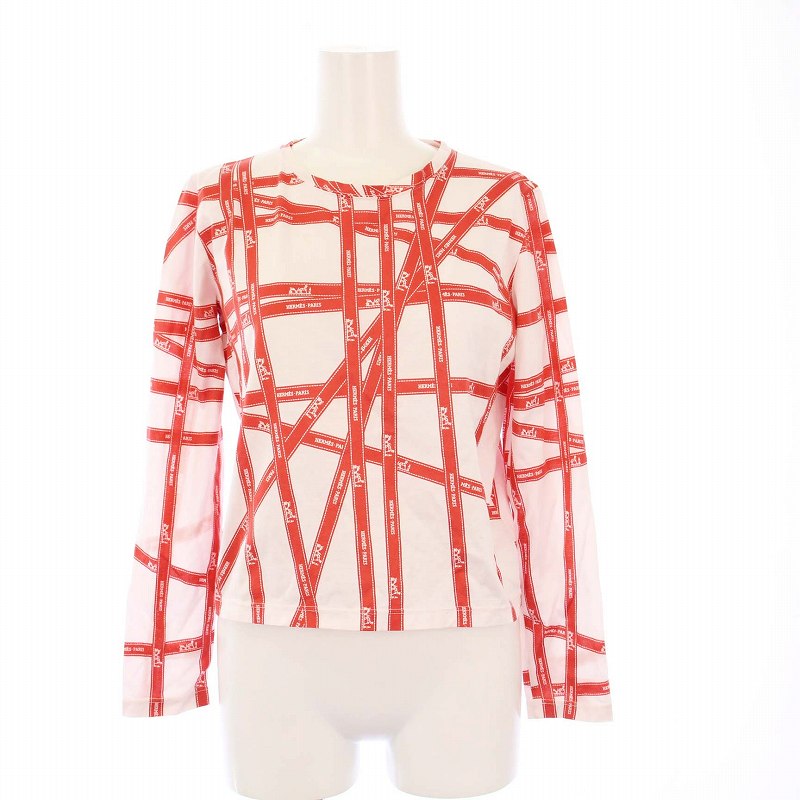 エルメス HERMES マルジェラ期 ボルデュック柄 総柄 ノースリーブ カットソー リボン ロゴ S 白 赤 レディース◇◇６ 希少 エルメス マルジェラ期 ボルデュック リボン 総柄 Tシャツ カットソー