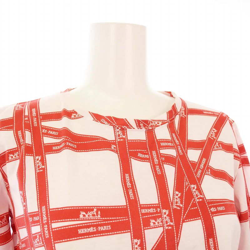 【中古】HERMES マルジェラ期 ボルデュック Tシャツ カットソー 半袖 クルーネック リボン柄 ロゴ 総柄 L 白 赤 エルメス HERMES マルジェラ期 Tシャツ カットソー 長袖 ボルデュック