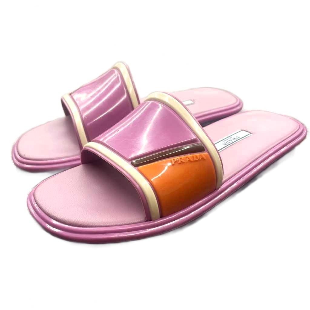 プラダ PRADA スライドサンダル ラバー ロゴ フラット 靴 36 ピンク 