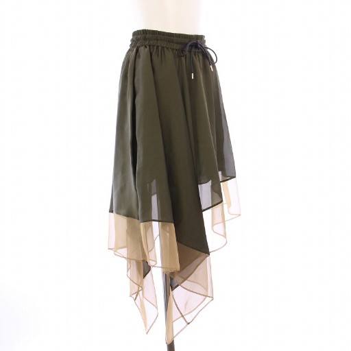 サカイ sacai 美品 アシンメトリースカート ひざ丈 シアー 0 カーキ 20  
