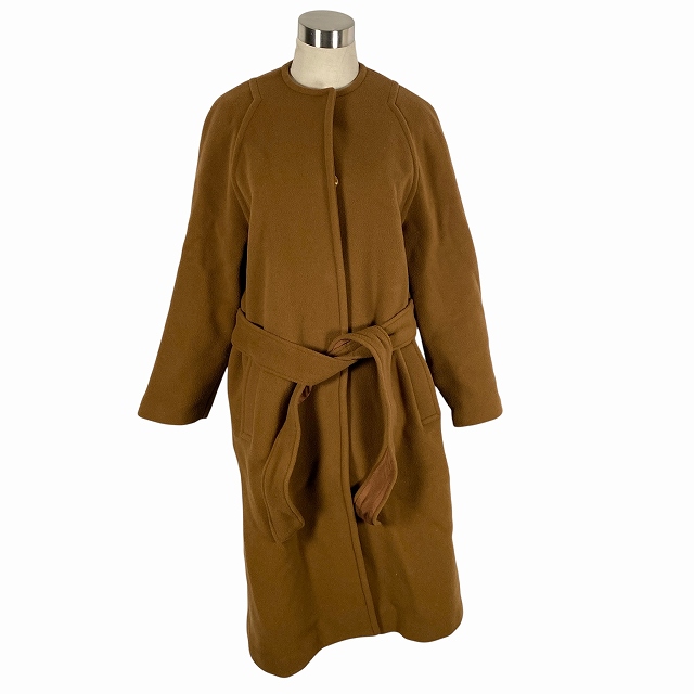 【中古】アクアスキュータム AQUASCUTUM ノーカラーコート ロングコート ベルト ウール100% キャメル フリーサイズ レディース アクアスキュータム AQUASCUTUM ノーカラーコート ロングコート ベルト