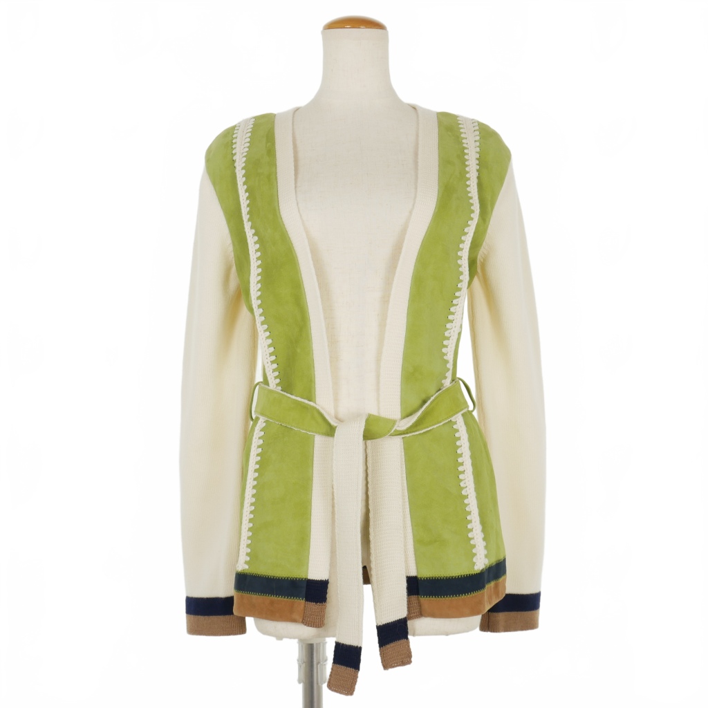 未使用　Marni ニット　ベージュ/グリーン　 カーディガン　ボーダー　リボン マルニ MARNI 22SS スエードレザー 切替 ニット カーディガン 38