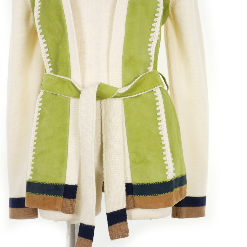 マルニ MARNI 22SS スエードレザー 切替 ニット カーディガン 38 白 緑 オフホワイト グリーン GIMX0177LQ ULA739 00V15 国内正規 MARNI マルニ 22SS スエードレザー 切替 ニット カーディガン 38
