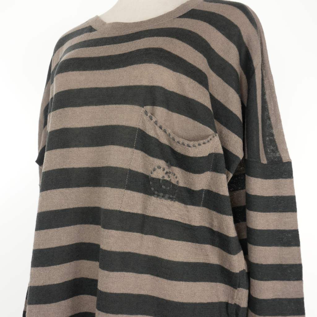 クイーン&ベル QUEENE&BELLE 王冠刺繍 ボーダーニット セーター チュニック グレー レディース クイーン&ベル QUEENE&BELLE 王冠刺繍 ボーダーニット セーター