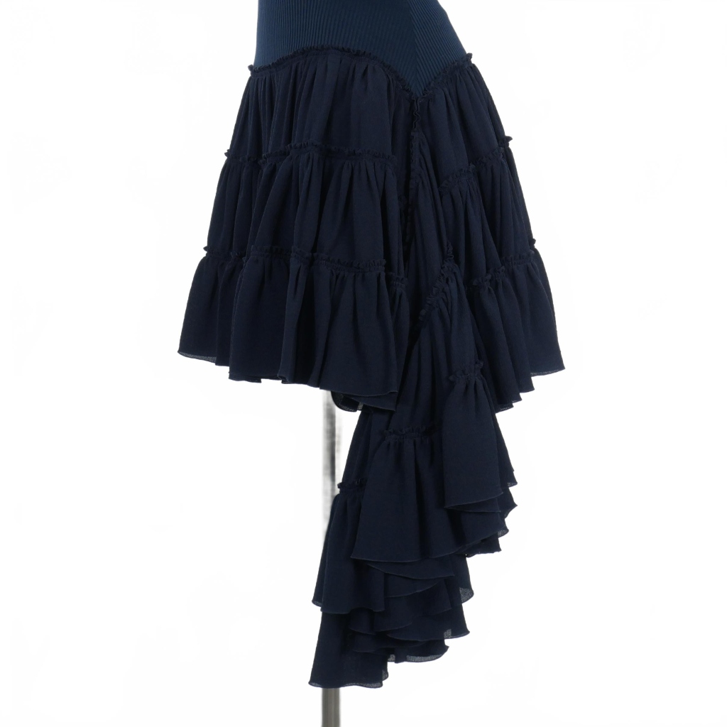 ロエベ LOEWE 24SS ラッフル ミニスカート シルク 34 紺 ネイビー