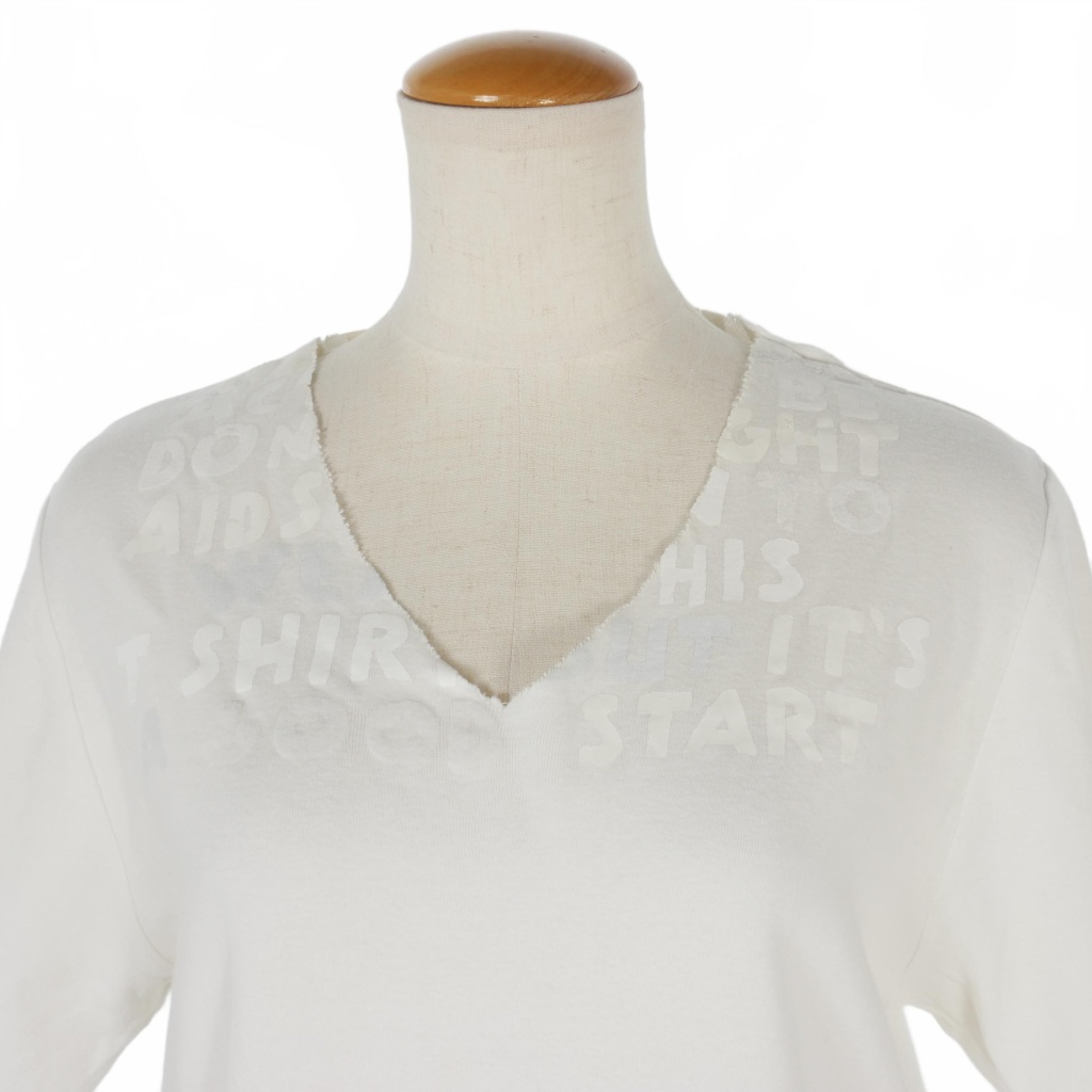 メゾンマルジェラ Maison Margiela エイズ プリント Tシャツ カットソー 半袖 カットオフ Vネック S 白 ホワイト S31GC0464 レディース メゾンマルジェラ Maison Margiela エイズ プリント Tシャツ