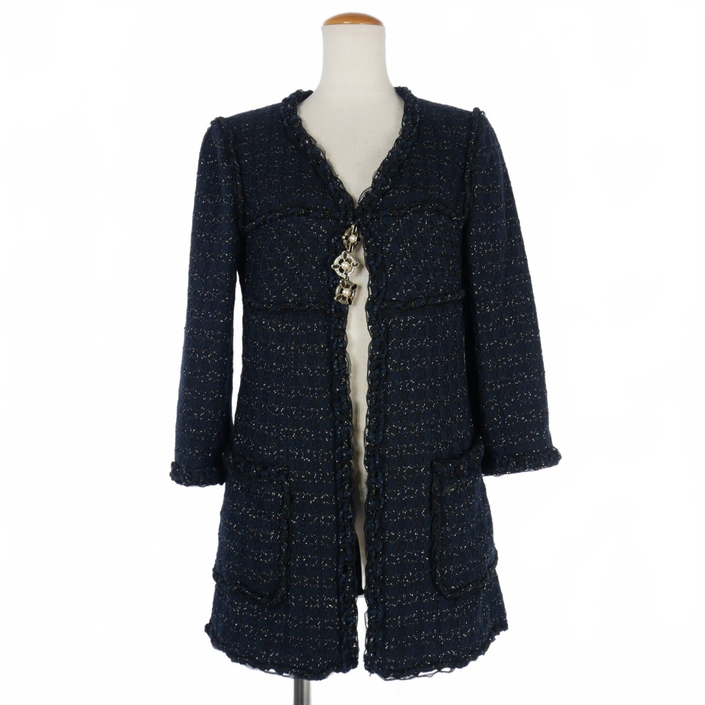 シャネル CHANEL ツイード ジャケット コート 36 紺 ネイビー P31330 