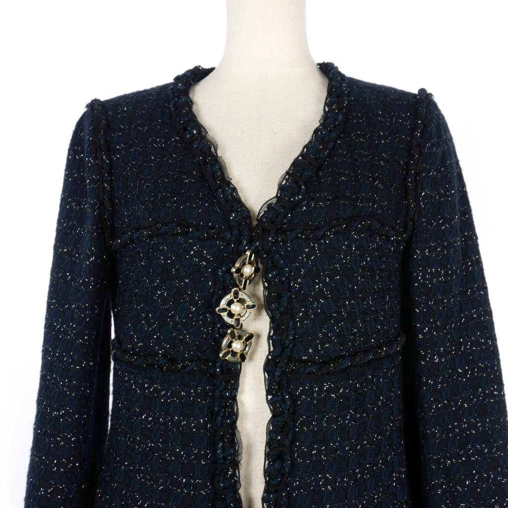 シャネル CHANEL ツイード ジャケット コート 36 紺 ネイビー P31330