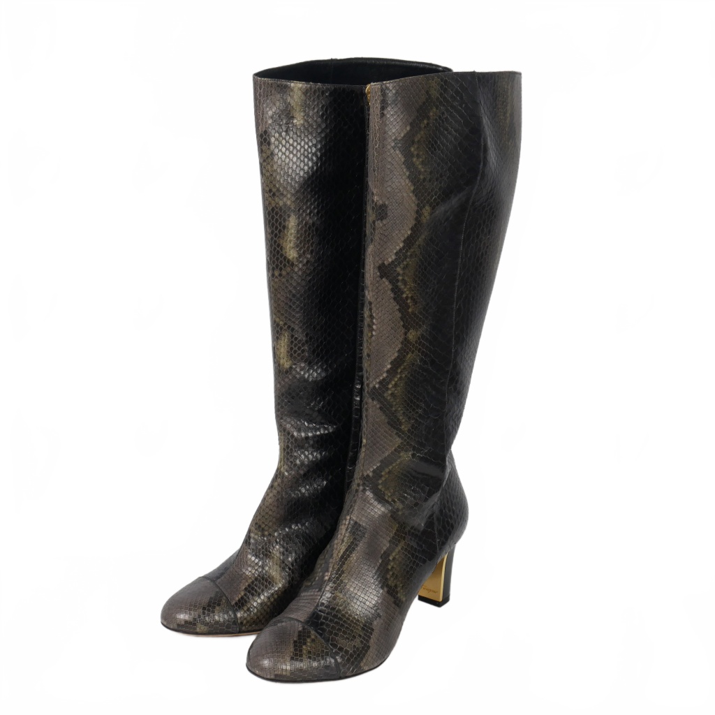 【中古】サルヴァトーレフェラガモ Salvatore Ferragamo パイソン ロングブーツ 7cmヒール サイズ8 チャコール サルヴァトーレフェラガモ Salvatore Ferragamo パイソン ロングブーツ