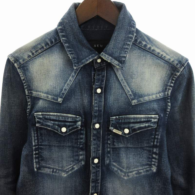 AKM デニムシャツ ストレッチ S024 AKM Denim Shirt Long Sleeve Stretch L Navy S024 DO Used