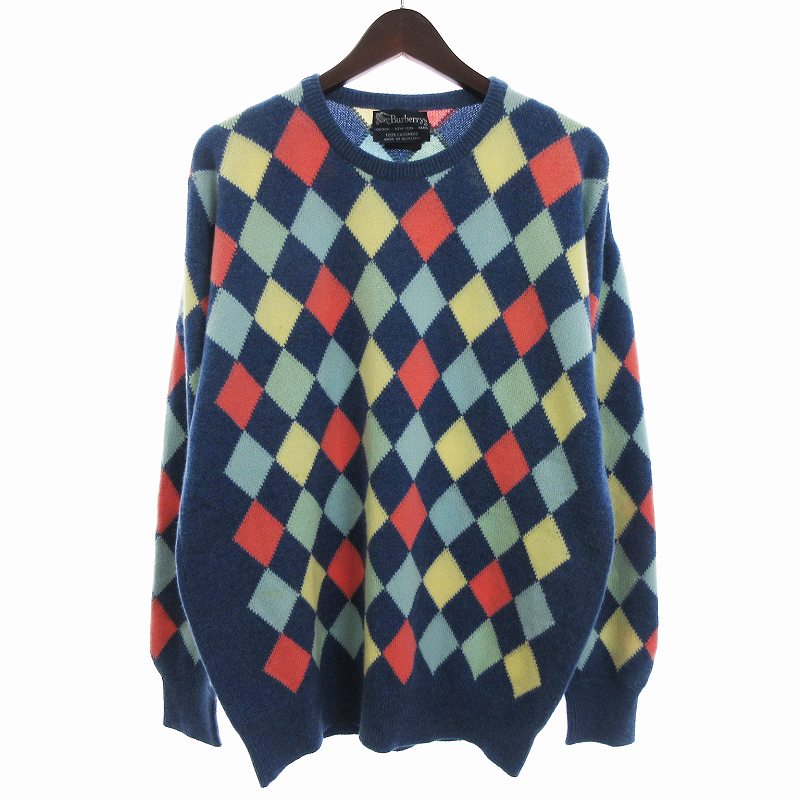 バーバリー BURBERRY Vネック ニット セーター カシミヤ アーガイル 青