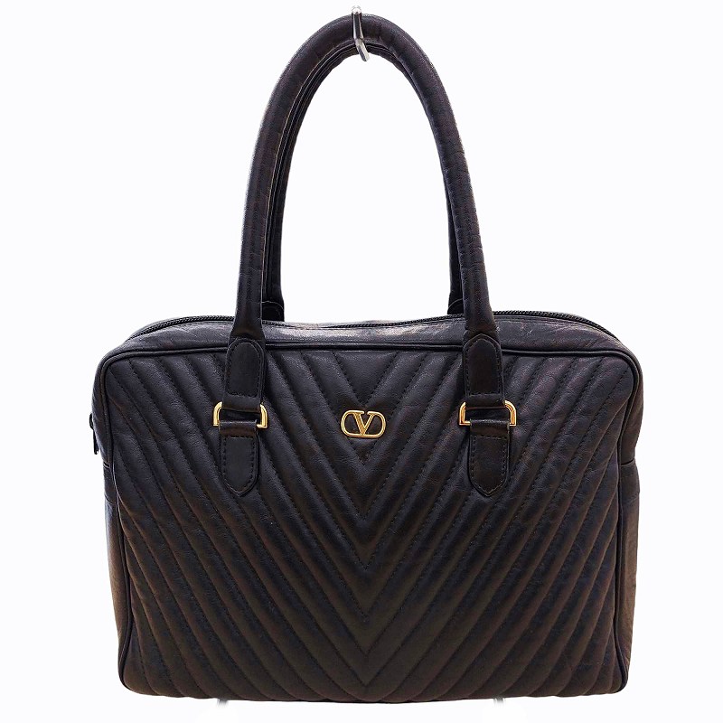 ヴァレンティノ ヴィンテージ ハンドバッグ トート Vロゴ キャンバス レザー 黒 ブラック 良品 VALENTINO 7385h2 極美品 ヴァレンティノガラヴァーニ トートバッグ ハンドバッグ Vロゴ