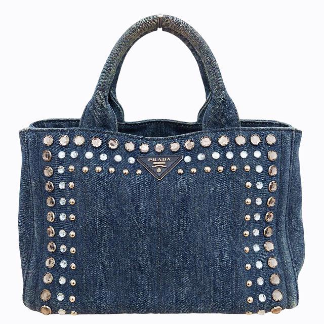 プラダ PRADA カナパ ビジュー ハンドバッグ デニム スタッズ  