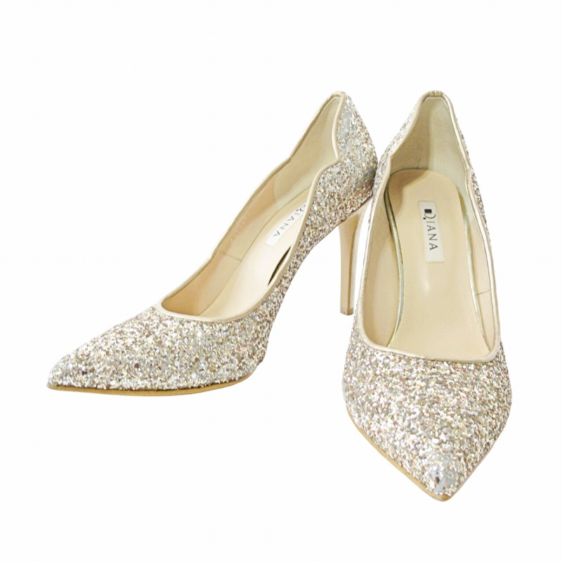 DIANA ダイアナ 25.5 パンプス ポインテッドトゥ プラチナグリッター