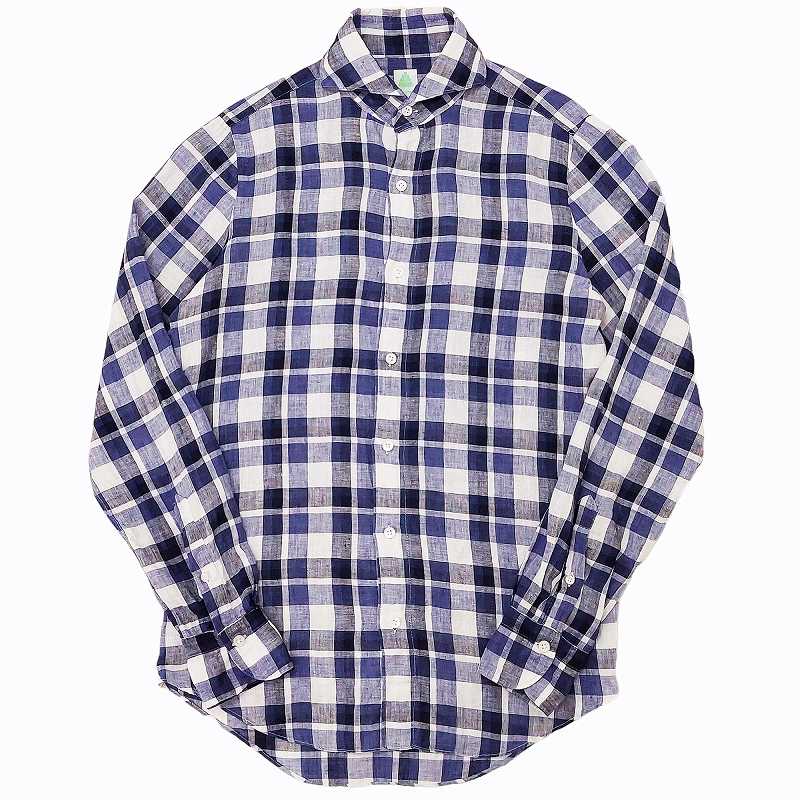 フィナモレ finamore 美品 カッタウェイリネンシャツ ギンガム 