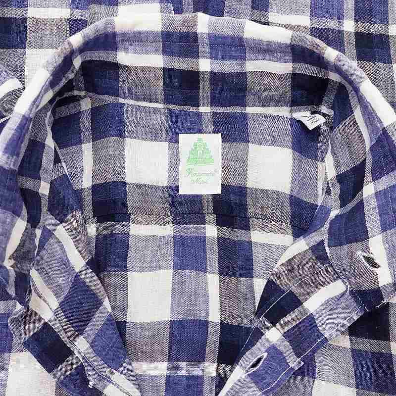 美品 finamore フィナモレ リネン シャツ ネイビー ホリゾンタルカラー
