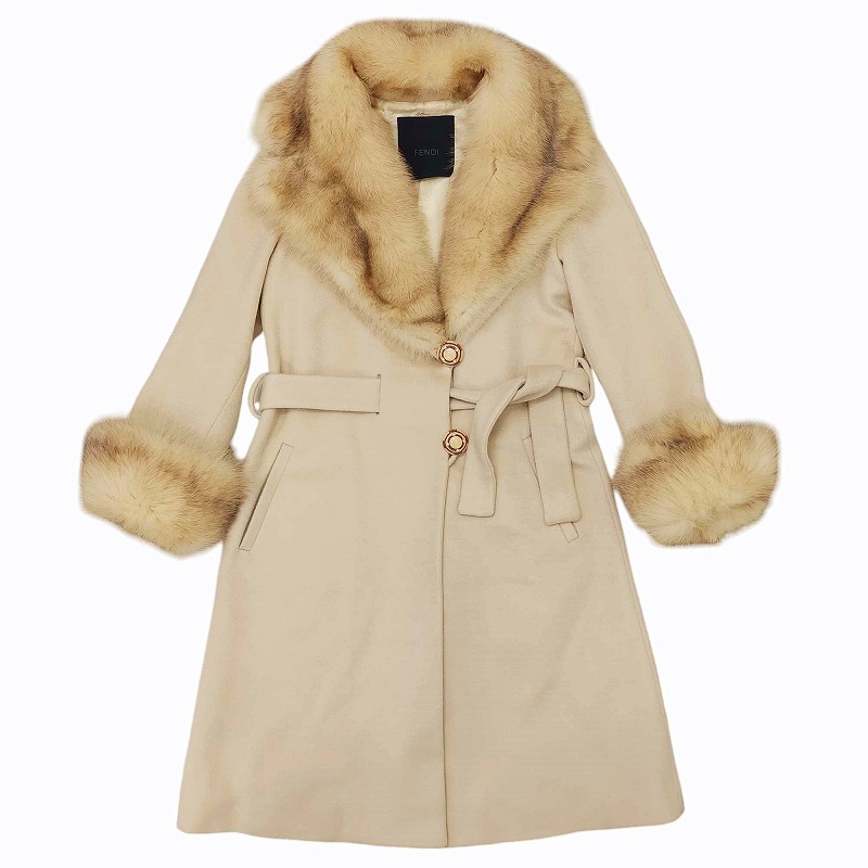 フェンディ FENDI 美品 フォックスファー カシミヤ ベルテッド ロング