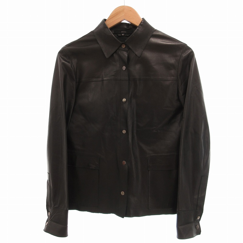 グッチ GUCCI レザーシャツ ブラウス ロゴ ボタン 長袖 42 L 黒 