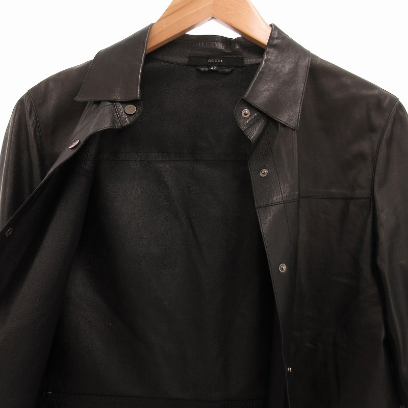 GUCCI レザーシャツ ブラック グッチ GUCCI レザーシャツ ブラウス ロゴ ボタン 長袖 42 L 黒