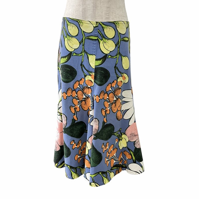マルニ MARNI 花柄 フレアスカート 総柄 リネン混 ひざ丈 38 青 ブルー