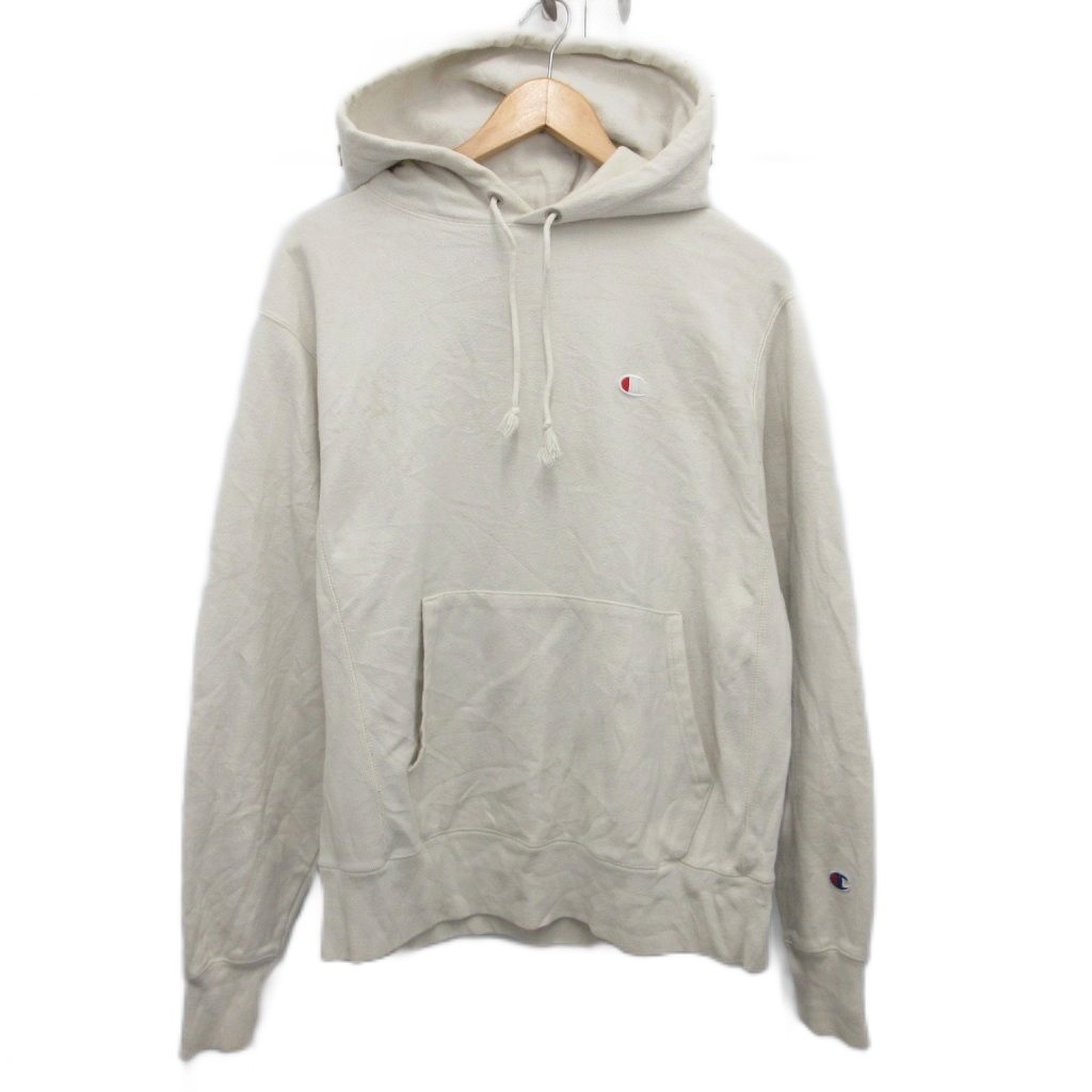 チャンピオン CHAMPION リバースウィーブ REVERSE WEAVE パーカー フーディー プルオーバー ロゴ刺繍 XL アイボリー ■MET2 メンズ