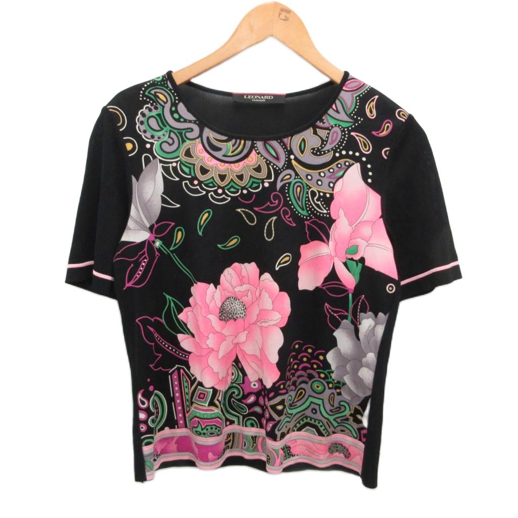 レオナール LEONARD カットソー Tシャツ 半袖 花柄 黒 ブラック 38