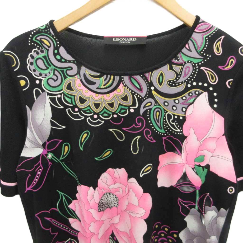 レオナール LEONARD カットソー Tシャツ 半袖 花柄 黒 ブラック 38