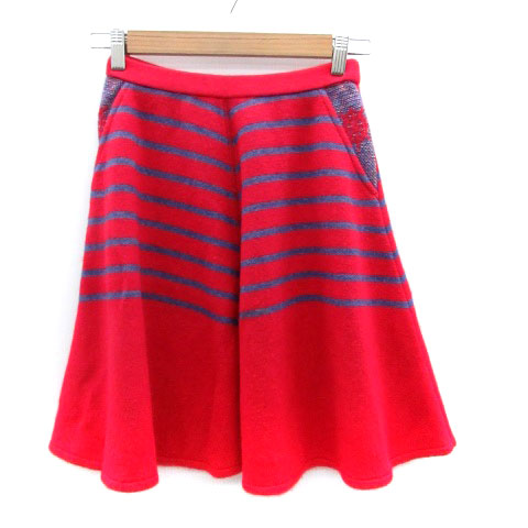 コーヘン COOHEM ニットフレアスカート ひざ丈 ボーダー柄 F 赤 レッド  