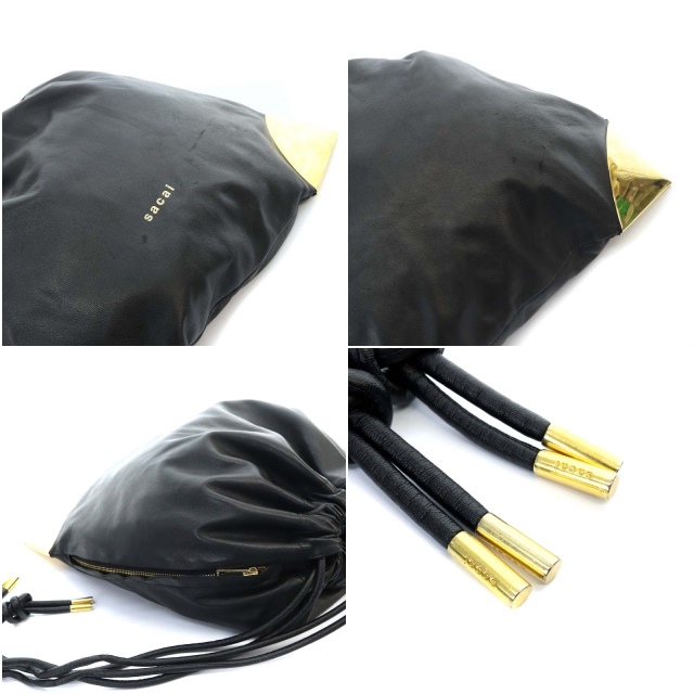 サカイ sacai バッグ ポーチ メタル 巾着 レザー 黒 ブラック