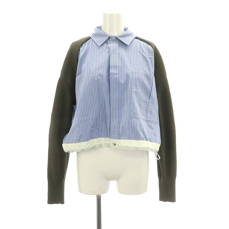 サカイ sacai ニットレイヤーストライプシャツ 長袖 2 カーキ 青 白 23  