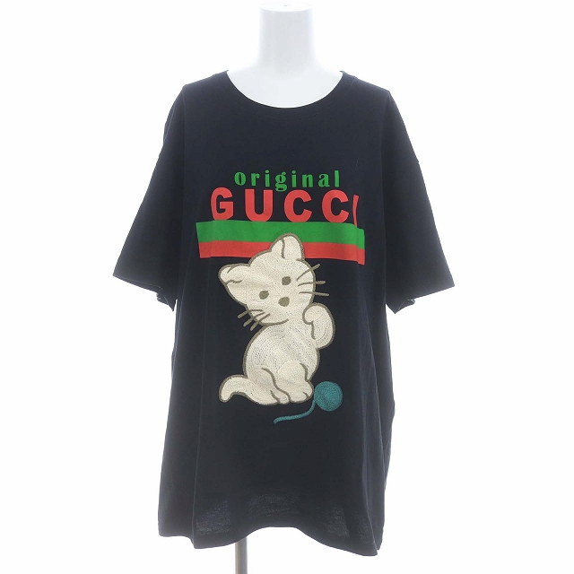 グッチ GUCCI キャット刺繍 半袖Tシャツ オーバーサイズ 五分袖 L 黒 