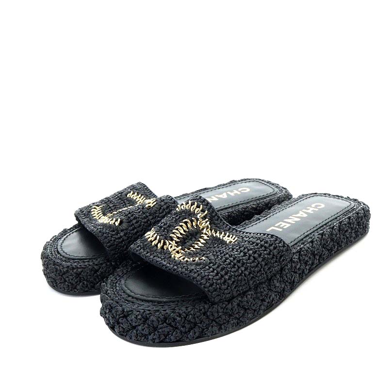 シャネル CHANEL サンダル ミュール フラット ココマーク ラフィア 37C 