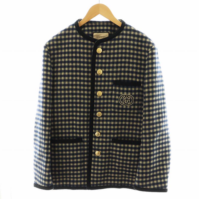 グッチ GUCCI Wool Gingham Jacket Interlocking G ノーカラー