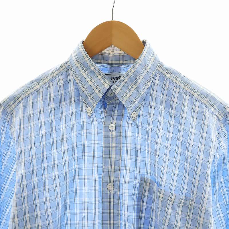 エルメス 長袖シャツ 38-15 チェック柄 エルメス HERMES シャツ 長袖 チェック柄 コットン 15/38 S 水色