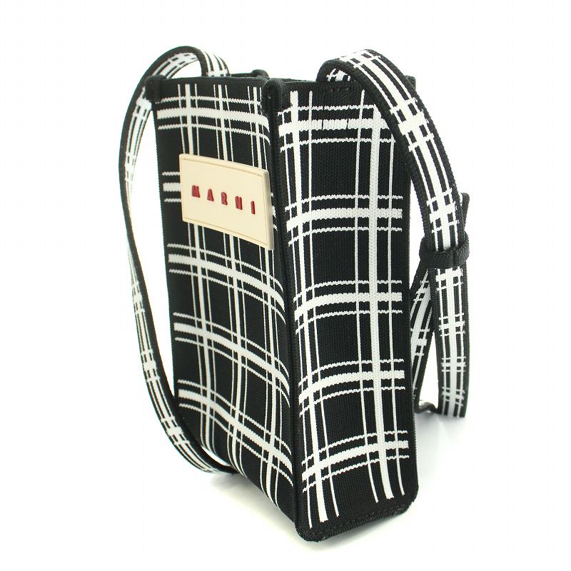【MARNI】MINI JACQUARD CHECK SHOULDER BAG Marni Check Shoulder Bag Jacquard Logo Decoration Black