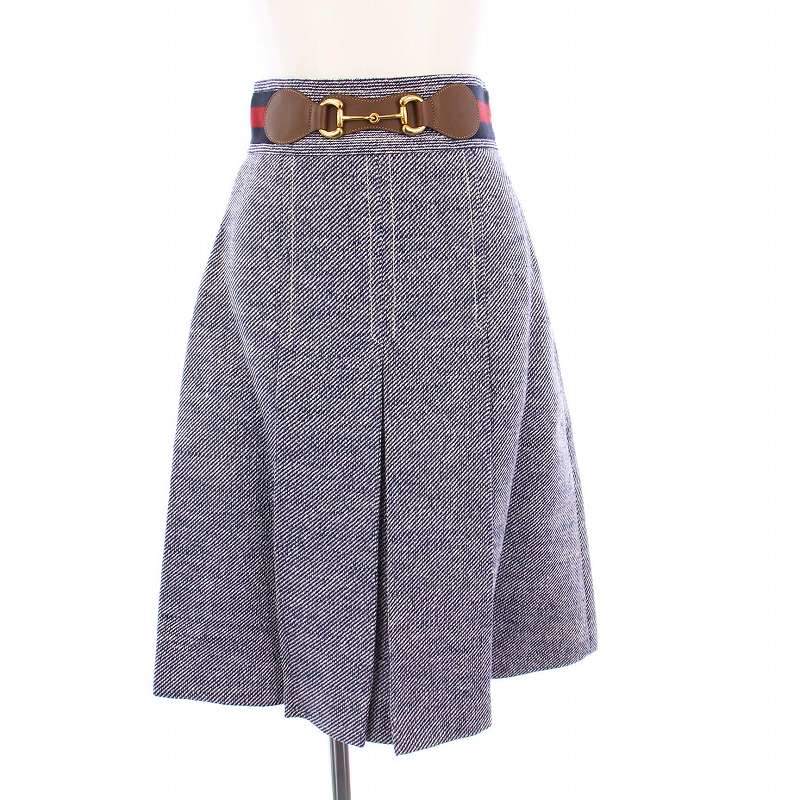 【中古】グッチ GUCCI ホースビットボックスプリーツスカート ひざ丈 シェリーライン ジュート 36 紺 白 643509 Z8AM0 グッチ GUCCI ホースビットボックスプリーツスカート ひざ丈 シェリー